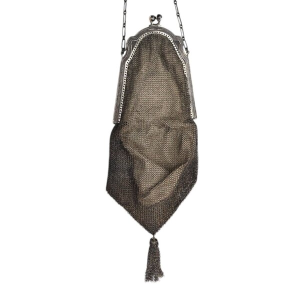 Antique 1900s Art Deco Whiting‎ & Davis Purse Soldered Mesh Tassel Inside Mirror - Picture 5 of 16